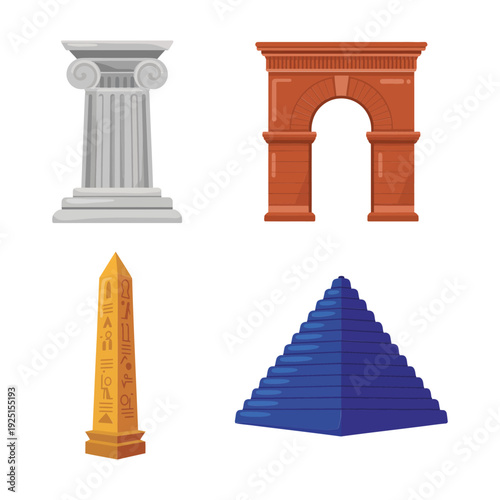 Monument vector collection with marble column, Roman arch, obelisk, pyramid for world architecture day, museum night, travel education design