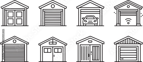 Collection of eight different garage building styles and designs isolated on transparent background