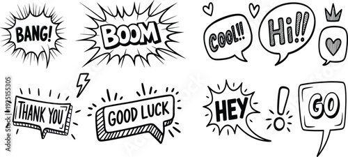 Hand drawn comic speech bubbles set with bang boom hey cool hi and thank you words