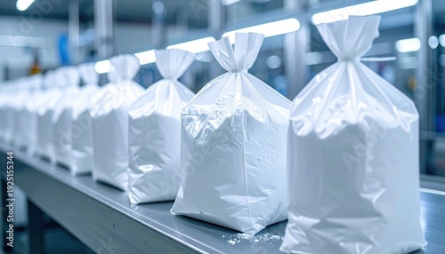 FlyPro Firefly bulk bags of powdered vaccine components, sealed in airtight packaging, are meticulously arranged on a production line, awaiting reconstitution for global health initiatives.