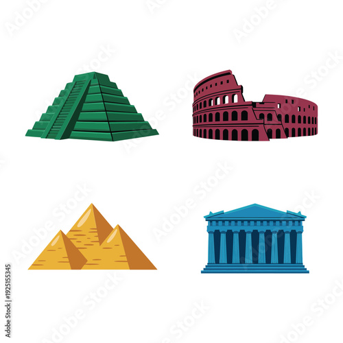 Famous world monument vector set with egypt pyramids, maya pyramid, rome colosseum and greek temple, tourism education, history travel design