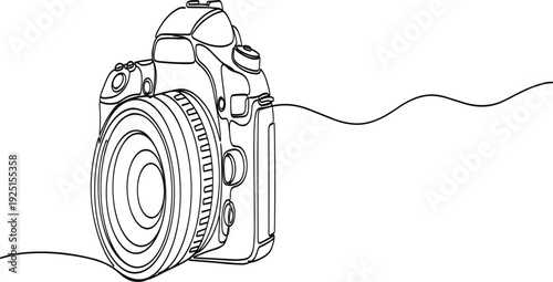 Digital Camera Line Art Illustration with Professional Photography Equipment Outline Drawing for Creative Studio Branding and Photographer Logo Vector Design