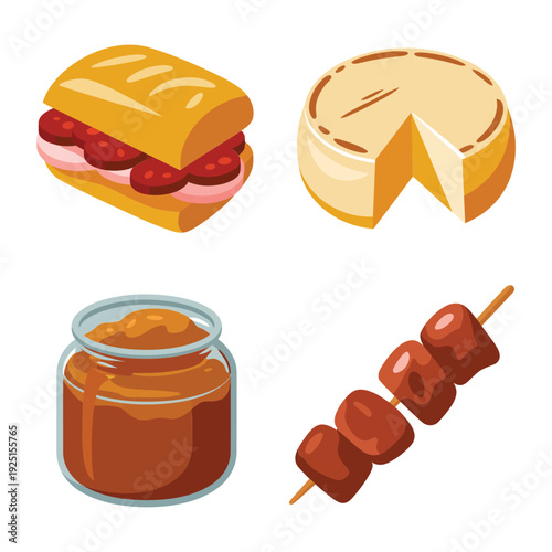 Farm fresh snack collection with sandwich, cheese wedge, honey jar and grilled skewer, country food fair vector for market promotion