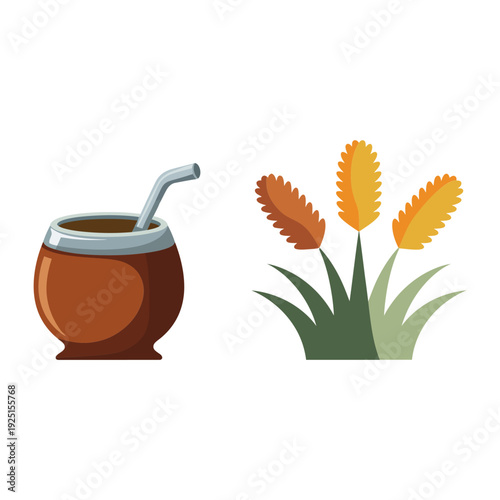 Traditional herbal drink icons with gourd cups, metal straw and wheat grass, beverage vector for organic festival and cafe branding
