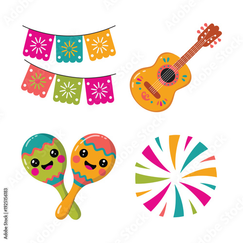 Mexican fiesta party element set with papel picado banners, guitar, maracas and candy swirl, cinco de mayo celebration design