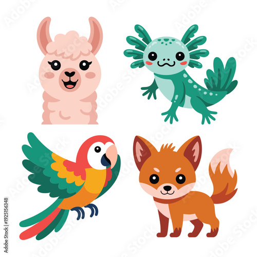 Llama axolotl fox and parrot friends, cute animal mascot vector for latino fiesta branding, sticker pack, kids festival design