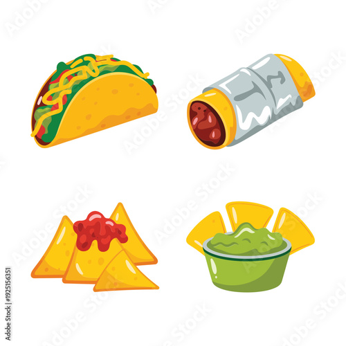 Taco burrito nachos with cheese and guacamole dip, fiesta snack vector for food truck festival and cinema party night