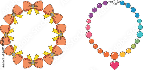 Cute jewelry and accessories vector illustration set with bow wreath and colorful beaded necklace, decorative fashion elements isolated on white for girls and craft design