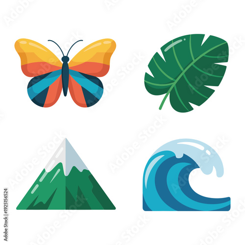 Adventure vector icons featuring butterfly, curling surf wave, alpine mountain, jungle monstera leaf for summer camp poster, eco tourism design