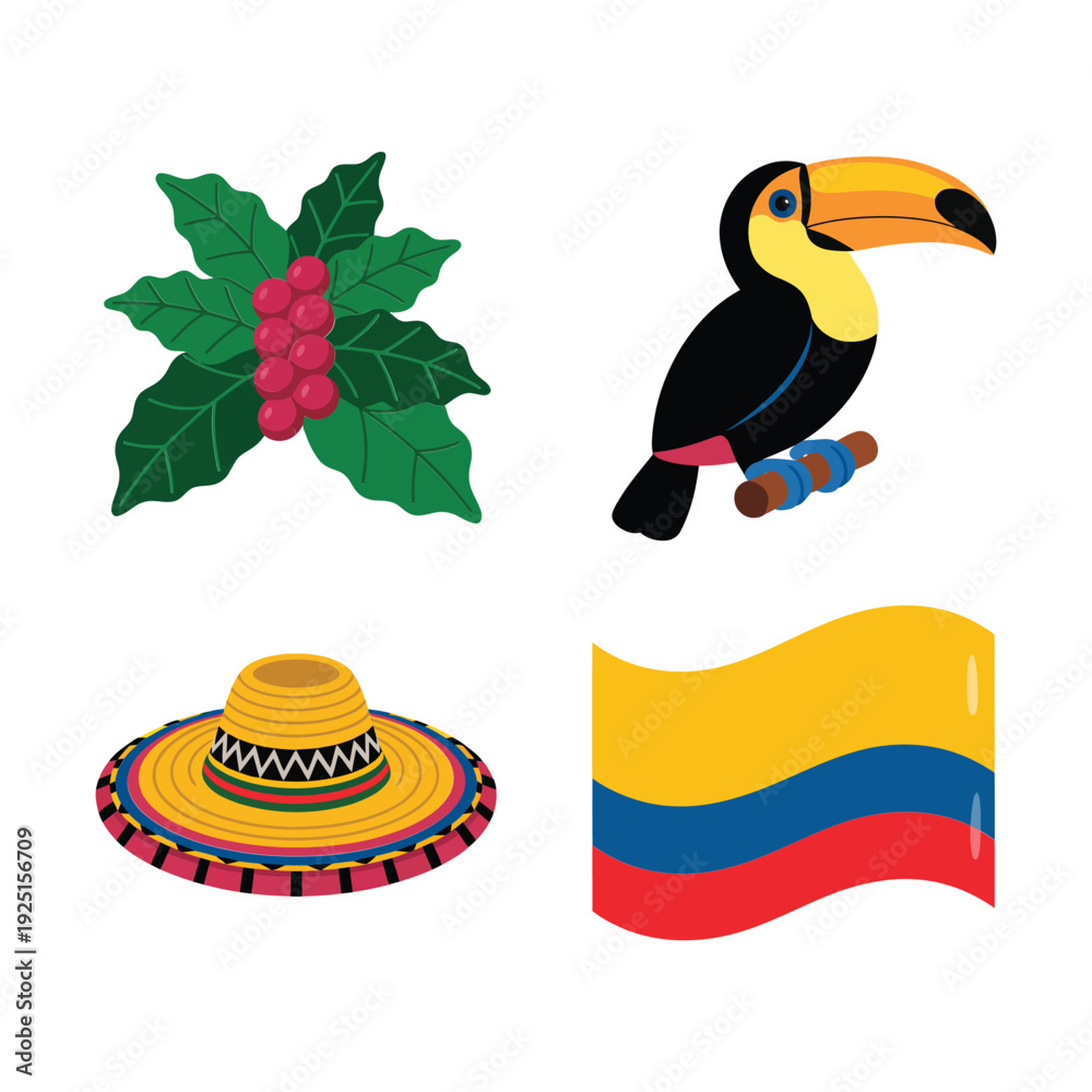 Fototapeta premium Colombia festival icon set with toucan bird, tropical flower, sombrero hat and national flag, Latin America independence day design