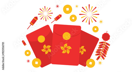 Red envelopes with coins and firecrackers for chinese new year