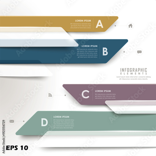 4-Step Professional Horizontal Infographic. Vector Illustration of Overlapping Modern Banners with Lettered Markers and Web Icons