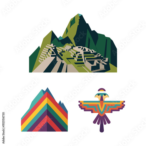 Peru Andes mountain landmark vector set with Machu Picchu, rainbow hill and traditional bird symbol, travel poster design illustration