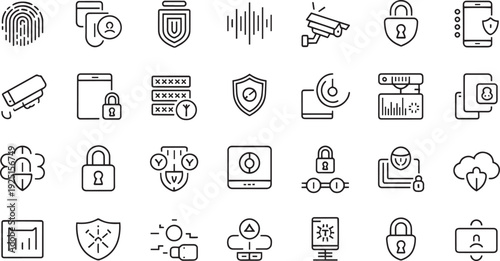 Collection of flat design security and technology icons isolated on transparent background