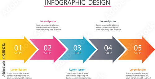 Horizontal Business Infographic Design - 5 Step Sequential Arrow Process Chart with Colorful Gradients for Strategic Planning and Workflow Management Vector