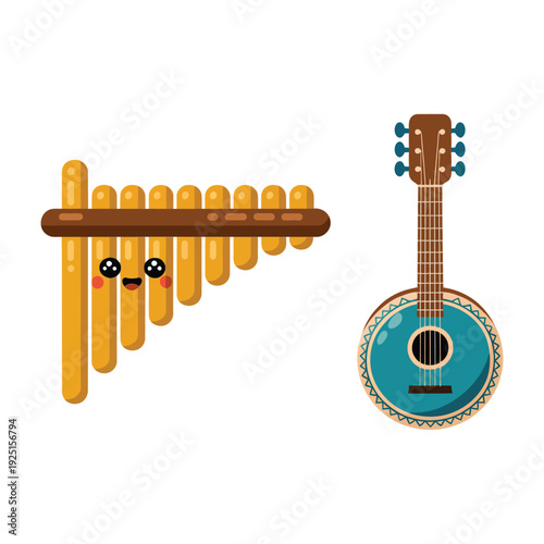 Andean folk music instrument set with pan flute and guitar, traditional festival concert, South America culture education design illustration