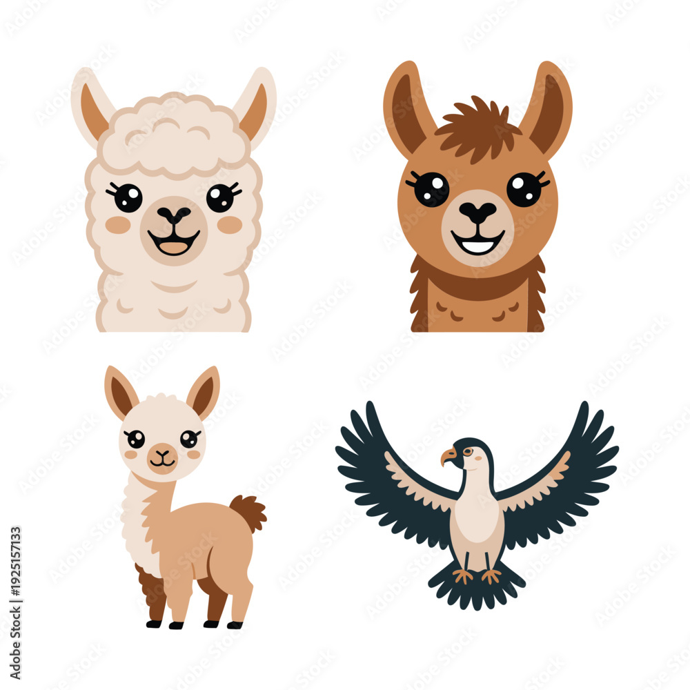 Fototapeta premium Peruvian wildlife icons with white llama, alpaca and soaring condor, south america animal vector for travel poster and festival