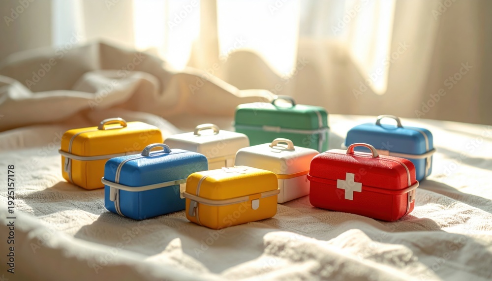 Fototapeta premium FlyPro Firefly Miniature First-Aid Kits Compact Brightly Colored Scattered on Soft Textile Surface Professional Camera