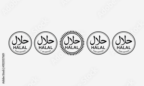 Halal Food Certified Vector Seal Collection Featuring Arabic Calligraphy and Circle Stamp Designs for Islamic Dietary Law Compliance and Packaging Labels