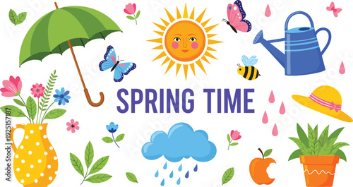 Spring time seasonal vector illustration with umbrella, sun, rain, flowers, butterflies and gardening elements, colorful spring weather and nature icons for festive design