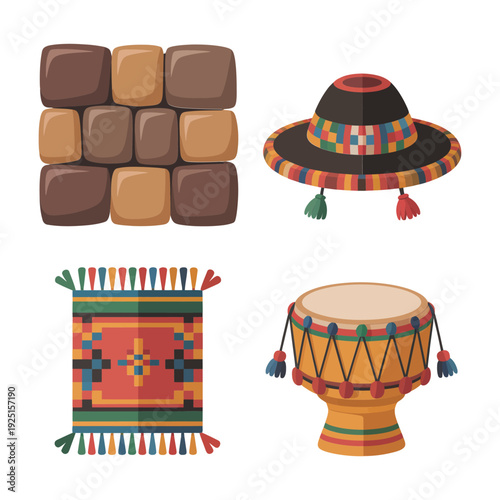 Latin American folk festival icons with sombrero hat, colorful rug, clay drum and chocolate squares, cultural celebration design elements
