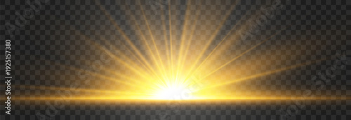 Golden sun rising from the horizon with blinding light rays isolated on transparent background, sunrise or sunset vector illustration