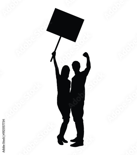 Couple activists with raised fists holding protest placard banner front view black silhouette vector isolated on white background.