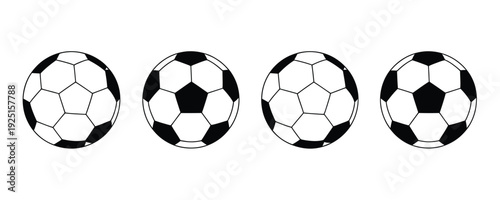 Four black and white soccer balls in a row on white background
