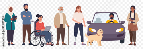 Diverse group of people with disabilities and elderly characters isolated on transparent background, inclusion and diversity concept vector illustration