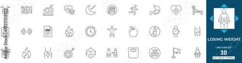 Losing weight line icon set featuring weight loss, diet, fitness, health, nutrition, workout, and measurement. Professional editable vector set. 