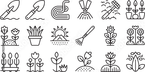 Collection of hand drawn gardening tools and plants isolated on transparent background