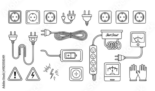 Electrical Power Socket and Voltage Safety Outline Icons – Minimal Pixel Perfect Vector Collection