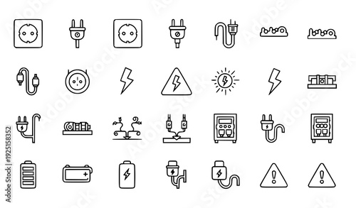 Power Socket and Electrical Safety Thin Line Icon Set – Pixel Perfect Minimal Vector Pictograms