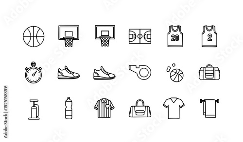 Minimal Basketball and Sports Equipment Vector Icons – Pixel Perfect Thin Line Collection