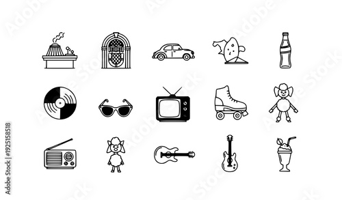 1950s Retro Icons Thin Line Vector Collection – Pixel Perfect Minimal Pictograms
