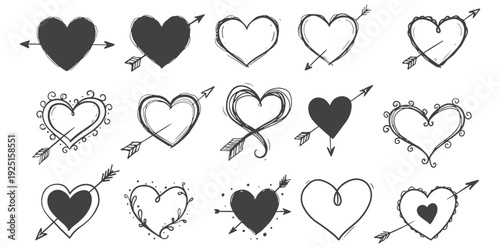 A collection of heart silhouettes with arrows on a white background silhouette