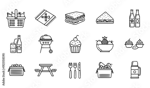 Minimal Picnic Vector Icons – Pixel Perfect Outdoor Food and Drink Thin Line Illustrations