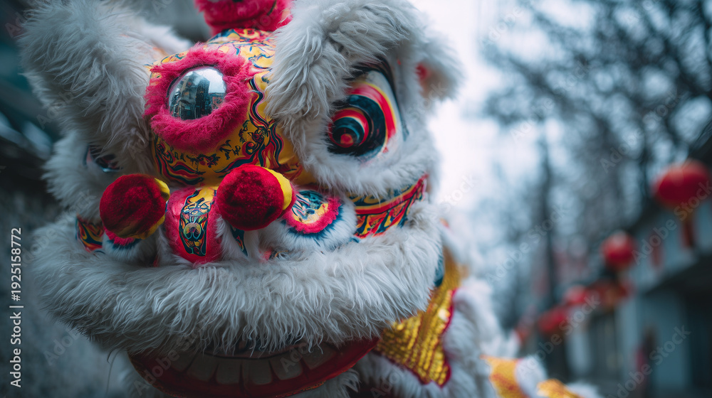 Obraz premium A performer wearing a colorful lion dance costume close-up ,Chiness New Year, photo style