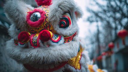 A performer wearing a colorful lion dance costume close-up ,Chiness New Year, photo style