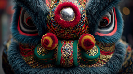 A performer wearing a colorful lion dance costume close-up ,Chiness New Year, photo style