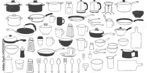 A collection of kitchen utensils and dishes in a simple line drawing style silhouette