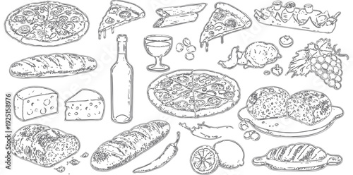 A collection of food and drink items in a sketchy style silhouette