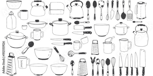 A collection of kitchen utensils and cookware in a simple line drawing style silhouette