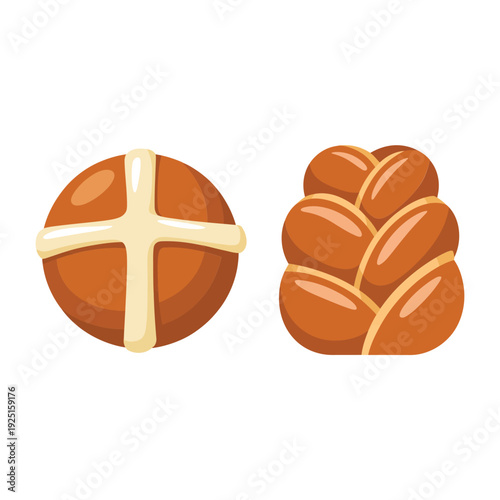 Hot cross bun with braided bread and chocolate egg, Easter dessert vector illustration for church celebration, spring family feast invitation