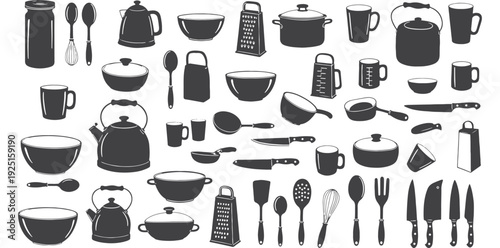 A collection of kitchen utensils and appliances in silhouette