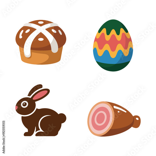 Easter feast vector with hot cross bun, colored egg, chocolate bunny and baked ham, spring family dinner illustration for menu