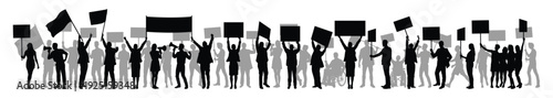 Crowd of protesters in various poses holding protest placards banners signs and flags front view silhouettes vector illustration.