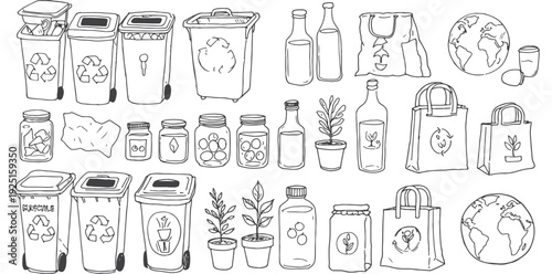 An illustration of various eco-friendly items including recycling bins, reusable bags, and bottles, promoting sustainability and environmental conservation silhouette