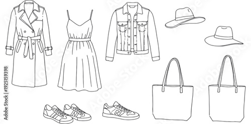 A minimalist illustration of women's clothing and accessories in silhouette mode