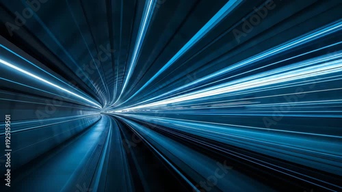 Abstract blue light streaks radiating toward vanishing point creating high speed motion effect